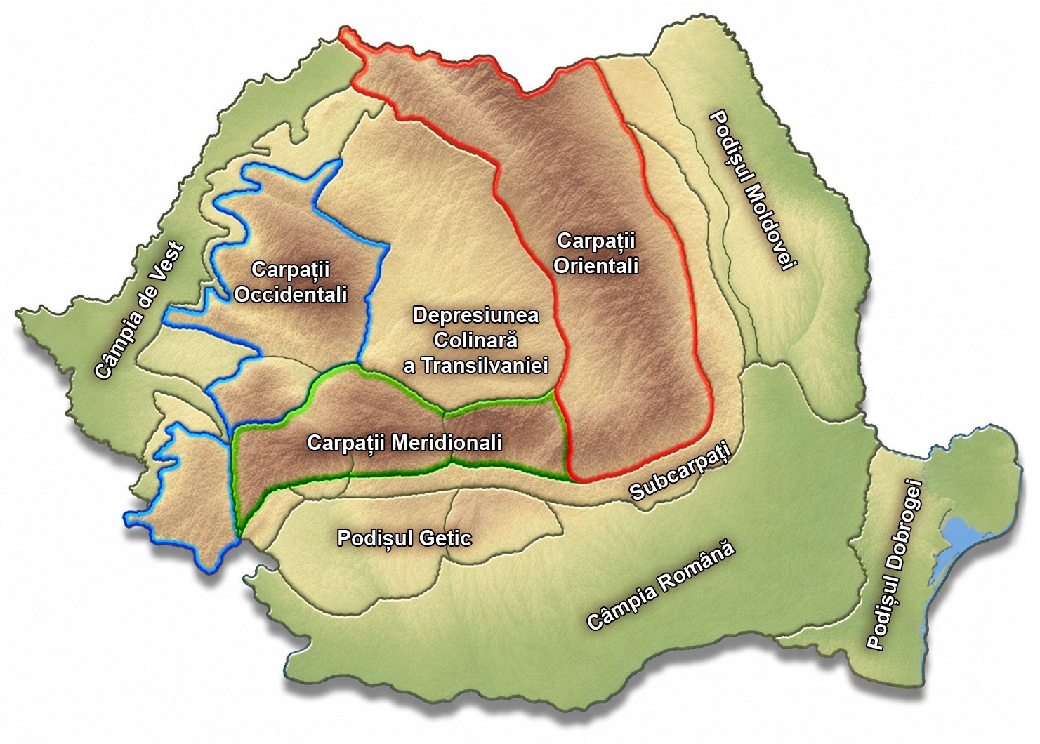 Harta României cu zece denumiri de relief; Carpații Occidentali au contur albastru, Orientalii roșu și Meridionalii verde.
