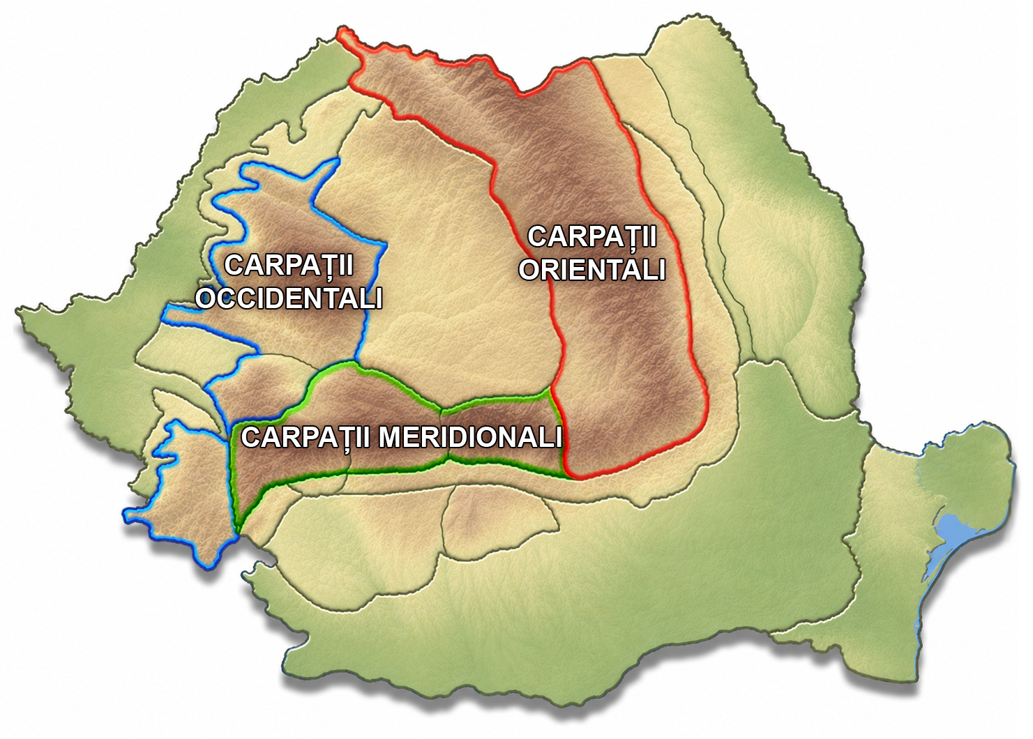 Harta fizică simplificată a României cu numele celor trei grupe carpatice și contururi albastru, roșu și verde.