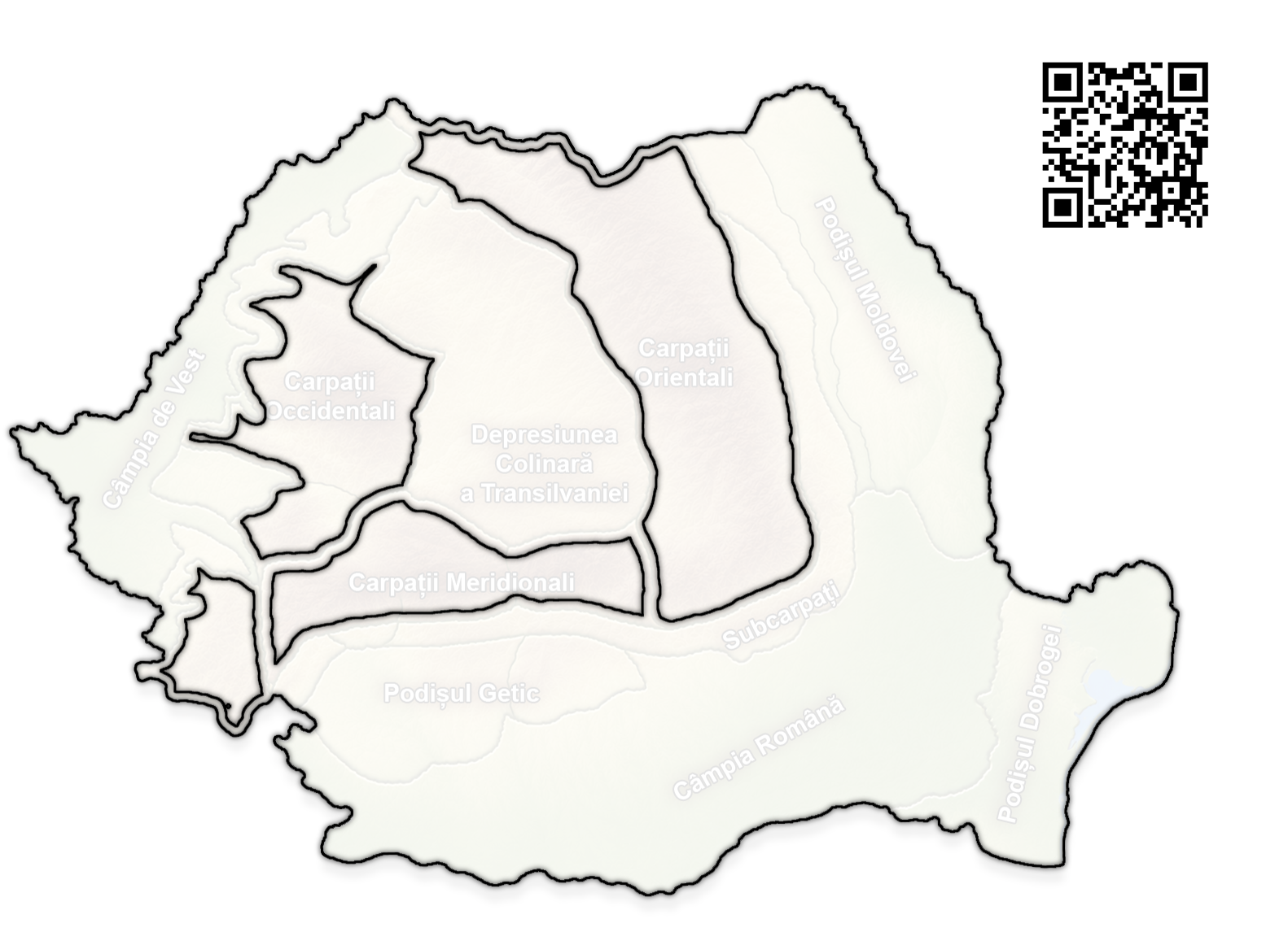 Harta României cu contur exterior și limite accentuate ale grupelor carpatice, cu denumiri de relief; cod QR sus, în dreapta.